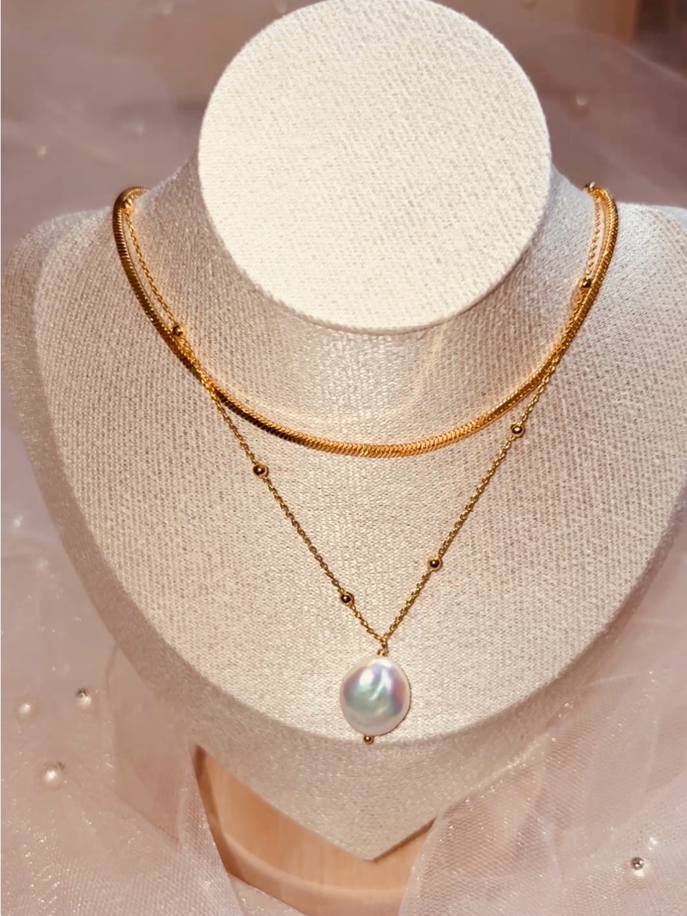 Gold Pearl Pendant Layered Necklace